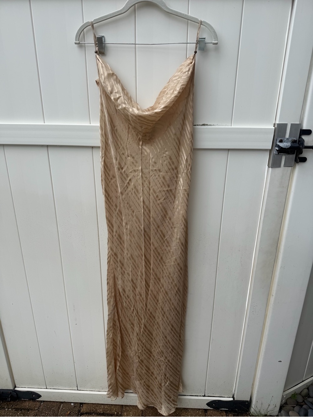 Vintage 100% Silk Cowl Neck Slip maxi Dress in Beige / Gold with shiny stripes
